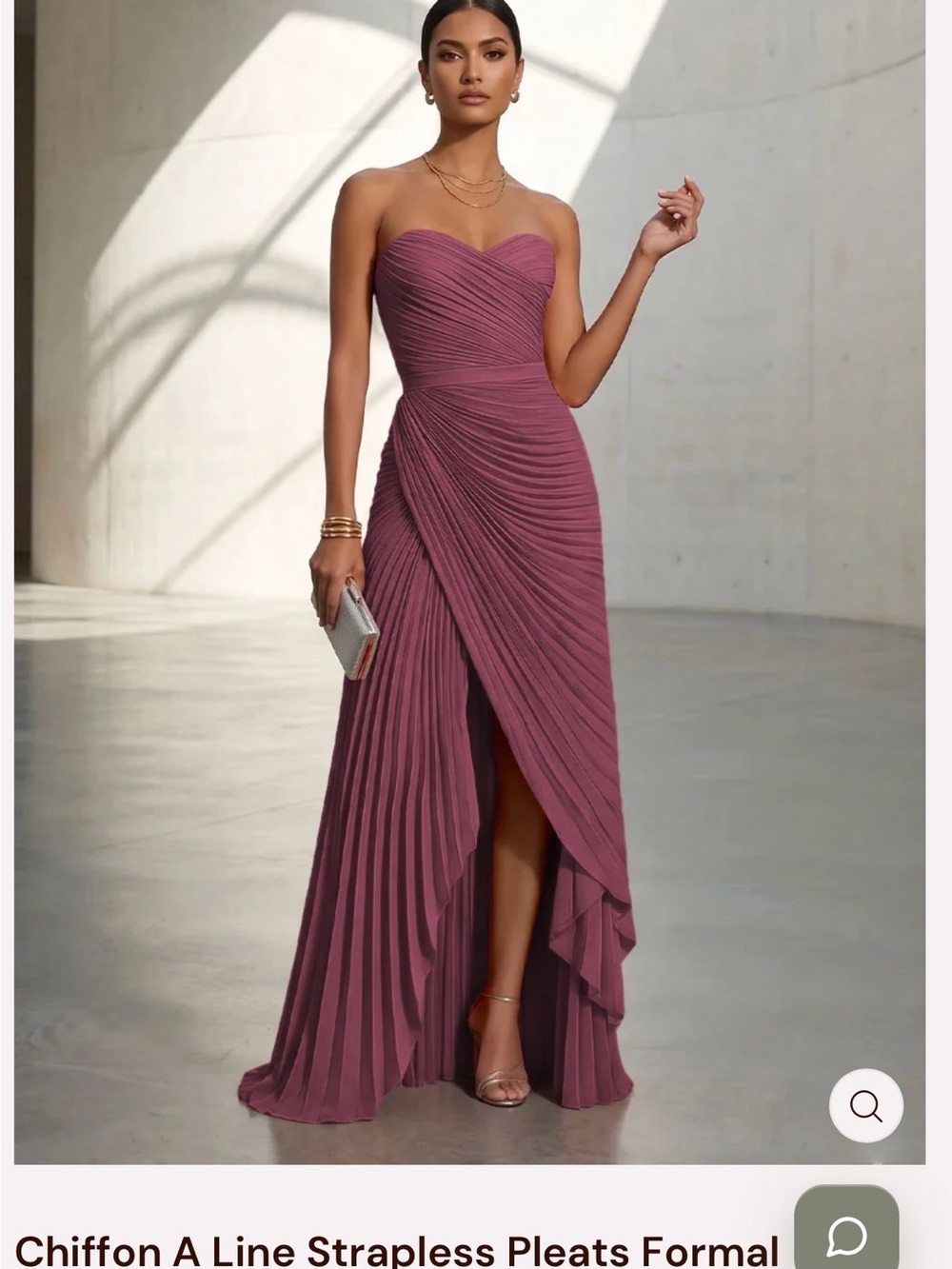 Strapless Pleated Chiffon Evening Gown in Mauve